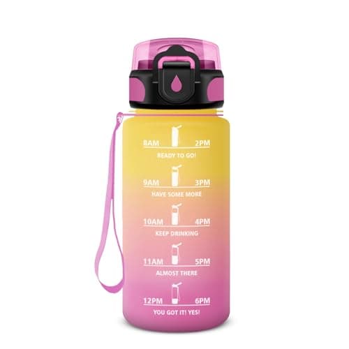 Gourde Sport 500ml pour Enfant et Adulte | Étanche | Motivante | Idéale pour Randonnée, Sport et Yoga | Bouteille Reutil — 17oz-500ml | Paille | Jaune + Rose