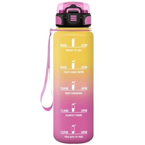 HoneyHolly Gourde Paille 500ml Sans BPA Étanche Bouteille de Motivation avec Marqueur de Temps pour Gym Ecole Sport Cycl — Jaune-rose-1l