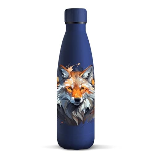 HoneyHolly Gourde Isotherme Acier Inoxydable 18/8, 24h Froid & 12h Chaud, Bouteille Étanche pour Sport, Camping & École, — Tête de Loup - Bleu Foncé