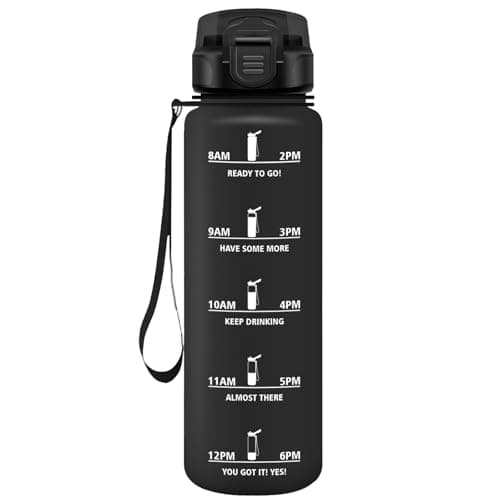 HoneyHolly Gourde Paille 500ml Sans BPA Étanche Bouteille de Motivation avec Marqueur de Temps pour Gym Ecole Sport Cycl — Noir-1l