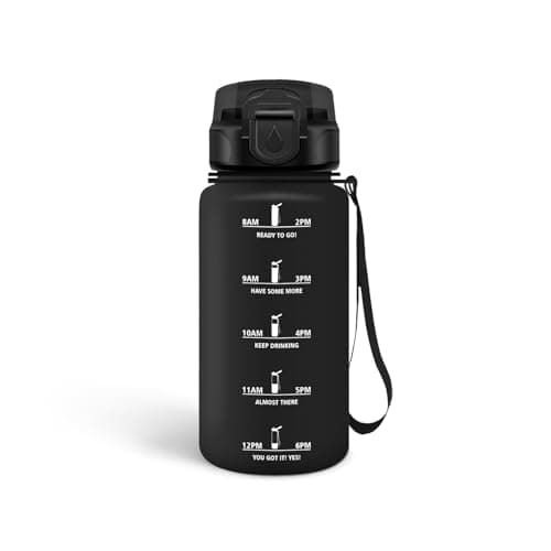 HoneyHolly Gourde 500ml sans BPA, Bouteille Étanche avec Marqueur de Temps, Bouteille Motivative pour Gym, École et Spor — Noir - 0,5 L