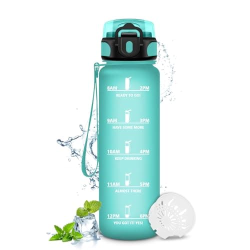 Gourde KollyKolla Enfant 500ml Étanche Réutilisable pour Maternelle École Sport Campings avec Marqueur de Temps Filtre S — 17oz-500ml | Mat Bleu-vert
