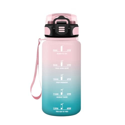 HoneyHolly Gourde Paille 500ml Sans BPA Étanche Bouteille de Motivation avec Marqueur de Temps pour Gym Ecole Sport Cycl — Rose-cyan