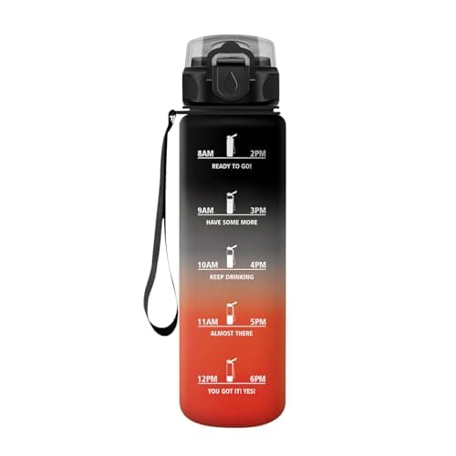 HoneyHolly Gourde 500ml sans BPA, Bouteille Étanche avec Marqueur de Temps, Bouteille Motivative pour Gym, École et Spor — Noir/Rouge - 1 L