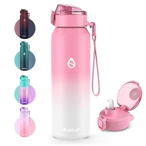 Gourde WEMEET Isotherme 1L pour Sport et Voyage, Étanche sans BPA, Gourde Inox 18/10 Amovible Paille — Blanc Rose