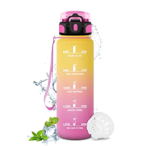 Gourde KollyKolla Enfant 500ml Étanche Réutilisable pour Maternelle École Sport Campings avec Marqueur de Temps Filtre S — 17oz-500ml | Jaune + Rose