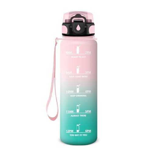 Gourde Sport 500ml pour Enfant et Adulte | Étanche | Motivante | Idéale pour Randonnée, Sport et Yoga | Bouteille Reutil — 32oz-1000ml | Paille | Rose + Cyan