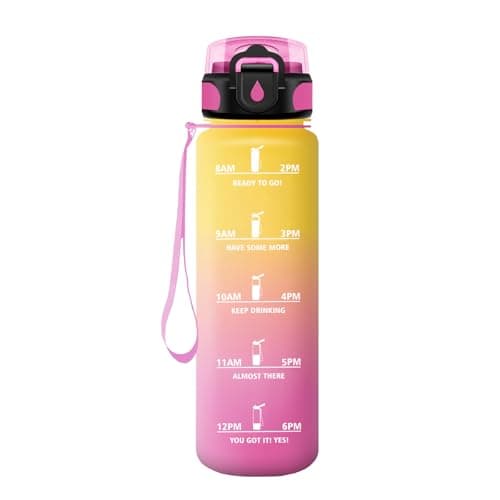 Gourde Sport 500ml pour Enfant et Adulte | Étanche | Motivante | Idéale pour Randonnée, Sport et Yoga | Bouteille Reutil — 32oz-1000ml | Paille | Jaune + Rose