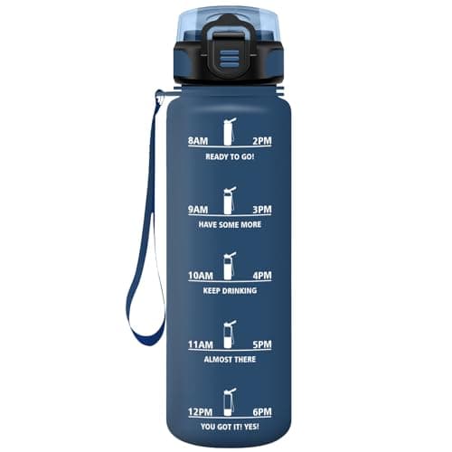 HoneyHolly Gourde Paille 500ml Sans BPA Étanche Bouteille de Motivation avec Marqueur de Temps pour Gym Ecole Sport Cycl — Bleu Marine-1l