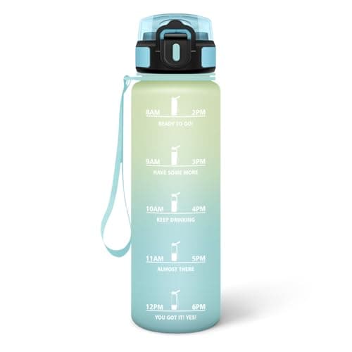 HoneyHolly Bouteille d'Eau Gourde Paille 500ml sans BPA & Étanches pour Gym & Plein Air avec Marqueur de Temps — Givre & Ciel - 1000 Ml