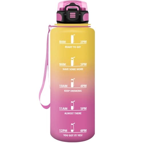 HoneyHolly Gourde Paille 500ml Sans BPA Étanche Bouteille de Motivation avec Marqueur de Temps pour Gym Ecole Sport Cycl — Jaune & Rose-1,5 L