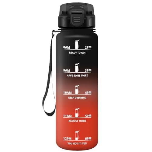 HoneyHolly Gourde Paille 500ml Sans BPA Étanche Bouteille de Motivation avec Marqueur de Temps pour Gym Ecole Sport Cycl — Noir-rouge-1l