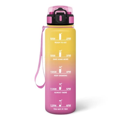 HoneyHolly Bouteille d'Eau Gourde Paille 500ml sans BPA & Étanches pour Gym & Plein Air avec Marqueur de Temps — Jaune & Rose - 1000 Ml