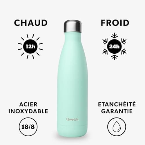 Qwetch - Bouteille Isotherme Pastel Vert 500ml - Gourde Inox pour Sport et Voyage - 24h Froid et 12h Chaud - Sans BPA, R
