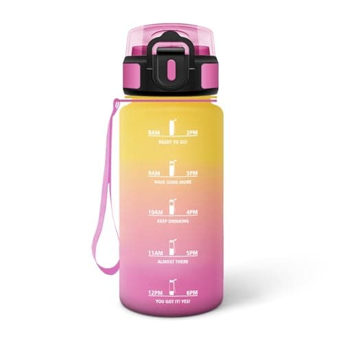 HoneyHolly Bouteille d'Eau Gourde Paille 500ml sans BPA & Étanches pour Gym & Plein Air avec Marqueur de Temps — Jaune & Rose - 500 Ml