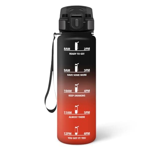 HoneyHolly Bouteille d'Eau Gourde Paille 500ml sans BPA & Étanches pour Gym & Plein Air avec Marqueur de Temps — Noir & Rouge - 1000 Ml