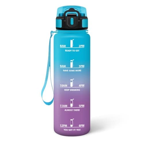 HoneyHolly Bouteille d'Eau Gourde Paille 500ml sans BPA & Étanches pour Gym & Plein Air avec Marqueur de Temps — Bleu & Violet - 1000 Ml