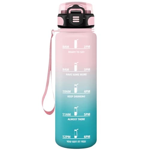 HoneyHolly Gourde Paille 500ml Sans BPA Étanche Bouteille de Motivation avec Marqueur de Temps pour Gym Ecole Sport Cycl — Rose-cyan-1l