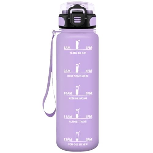 HoneyHolly Gourde Paille 500ml Sans BPA Étanche Bouteille de Motivation avec Marqueur de Temps pour Gym Ecole Sport Cycl — Violet Clair-1l