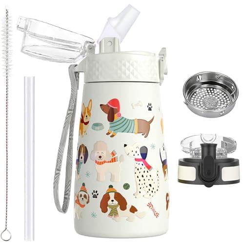 OLDLEY Bouteille d'eau isotherme en acier inoxydable pour enfants avec paille, 2 couvercles différents, 350 ml, sans BPA — Chien Blanc
