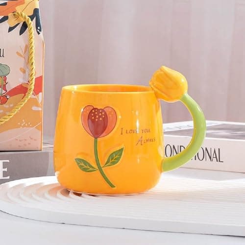 VollfitYYu Tasse à café mignonne - Motif tulipe - En porcelaine - Pour femmes amateurs de fleurs - Fête des mères, Noël, — Orange