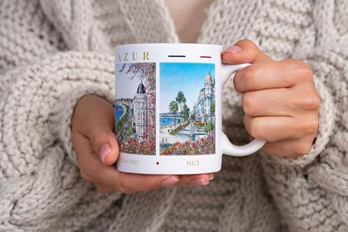 DESSAPT Arts - Tasse-Cadeau Côte d'Azur 325ml - Mug Céramique Blanc Brillant avec Paysages de Nice/Cannes/Monaco - Impri