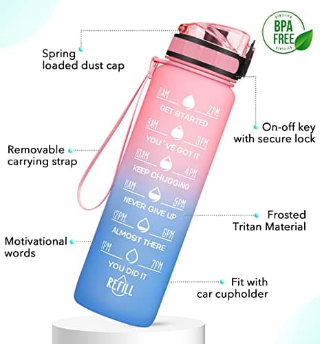 HydroPal Gourde Filtrante 1 Litre, Bouteille d'Eau sans BPA pour Adultes - Motivation & Marqueur de Temps pour Sport, Gy