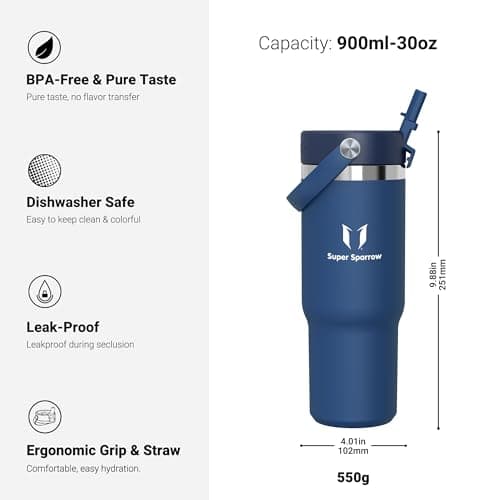 Sparrow Gourde Isotherme 900ml Sans BPA - Twistpath Bouteille Avec Paille Flex Anti-Fuite - Gourde Inox Conçue Pour Port
