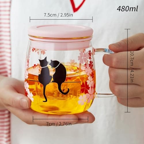 MEISINNI Tasse à Thé Magique Sakura & Chat Bleue pour Femmes, 480 ml Mug Transparent avec Infuseur, Idéale pour Thé en V