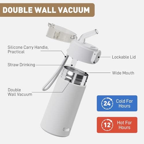 Petite Gourde Exllena Isotherme Gris Clair pour Sport et Bureau avec Paille OUVrage Facile et Ultra-Compact
