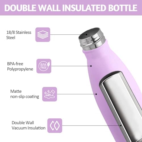 Motswedi Gourde Isotherme Violet Clair, Réutilisable 500ml, pour Enfant et Adulte, Randonnée & Sport 24h Froid 12h Chaud