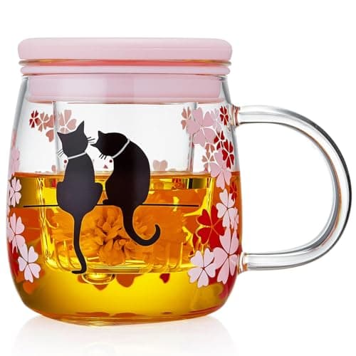MEISINNI Tasse à Thé Magique Sakura & Chat Bleue pour Femmes, 480 ml Mug Transparent avec Infuseur, Idéale pour Thé en V