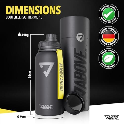 **Gourde Isotherme Inox 1L – Étanche 24H & 12H, Acier Inoxydable Sans BPA – Bouteille pour Sport et Randonnée (Noir, 1 L