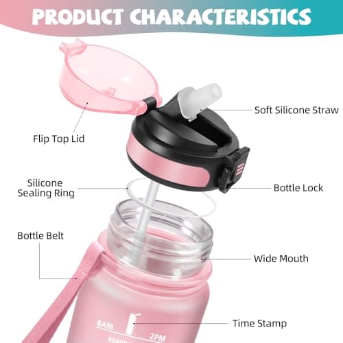 HoneyHolly Gourde Paille 500ml Sans BPA Étanche Bouteille de Motivation avec Marqueur de Temps pour Gym Ecole Sport Cycl