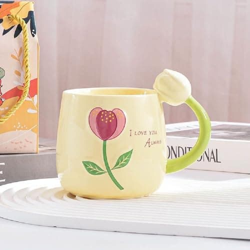 VollfitYYu Tasse à café mignonne - Motif tulipe - En porcelaine - Pour femmes amateurs de fleurs - Fête des mères, Noël, — Beige
