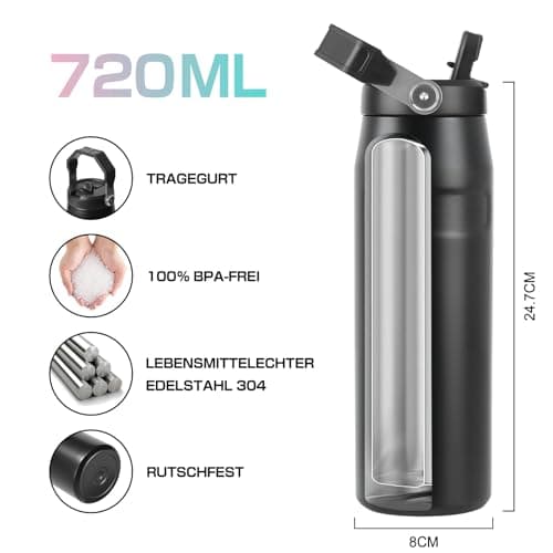 Gourde Isotherme Inox Sans BPA à Double Paroi Noir pour Adultes, Sport et Bureau Anti-Fuite Grande Capacité 720ml