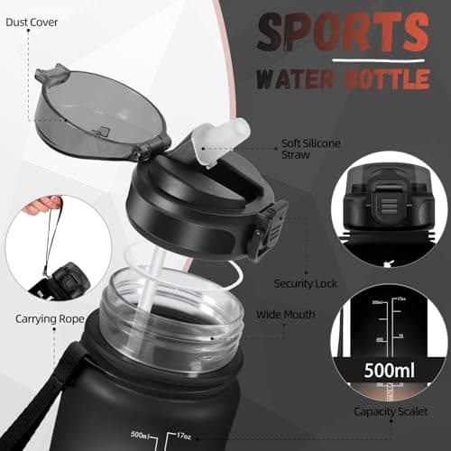 Gourde Enfant 500ml Noire-Rouge, Anti-Fuite et Facile à Nettoyer, Idéale pour l'École, Velo et Voyage
