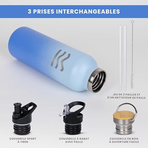 Gourde Isotherme HUIIKE 750ml 12h Chaud/24h Froid, Bouteille Sans BPA avec 3 Bouchons & Paille - Gourde Inox Reutilisabl