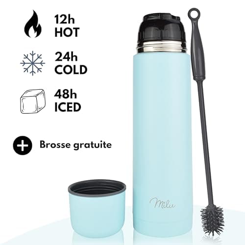 Thermo Double Paroi Milu Bouteille isotherme en acier inoxydable - 500ml, Sans BPA, Transport Café, Thé, Eau (Bleu bébé)