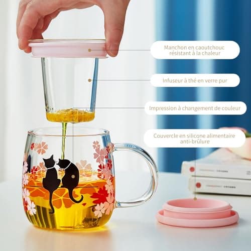 MEISINNI Tasse à Thé Magique Sakura & Chat Bleue pour Femmes, 480 ml Mug Transparent avec Infuseur, Idéale pour Thé en V