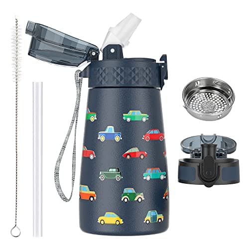 OLDLEY Bouteille d'eau isotherme en acier inoxydable pour enfants avec paille, 2 couvercles différents, 350 ml, sans BPA — Voiture