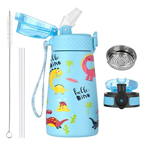 OLDLEY Bouteille d'eau isotherme en acier inoxydable pour enfants avec paille, 2 couvercles différents, 350 ml, sans BPA — Dinosaure Bleu