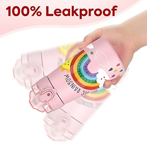 OLDLEY Bouteille d'eau isotherme en acier inoxydable pour enfants avec paille, 2 couvercles différents, 350 ml, sans BPA