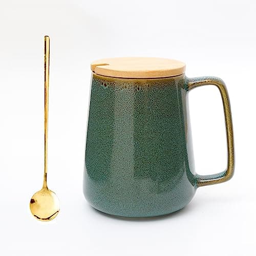 Céahrow Grande tasse à café en céramique bleu clair, résistante au lave-vaisselle et au micro-onde, idéale pour bureau e — Vert avec Couvercle