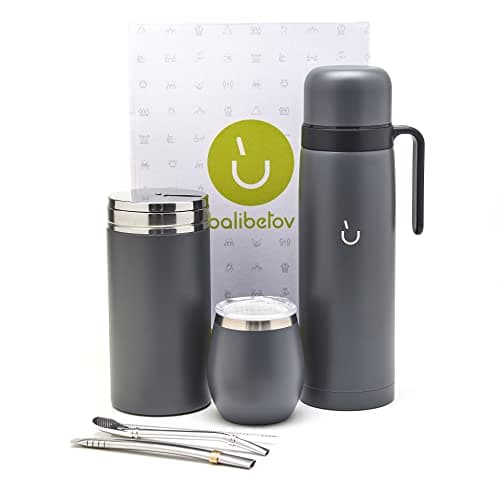 BALIBETOV Yerba Mate Tasse Set pour Hommes et Femmes - Design Moderne, Thermos Acier Inoxydable, Idéal pour le Travail e — Gris