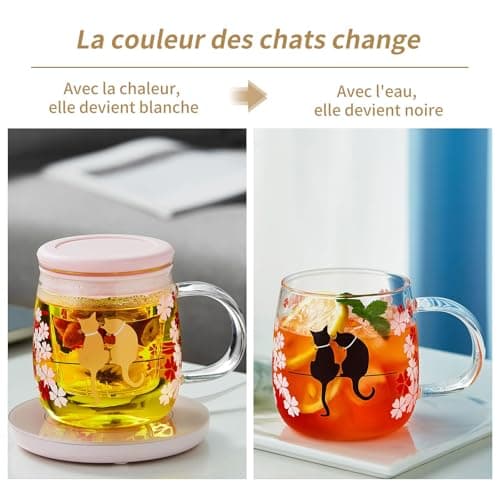 MEISINNI Tasse à Thé Magique Sakura & Chat Bleue pour Femmes, 480 ml Mug Transparent avec Infuseur, Idéale pour Thé en V
