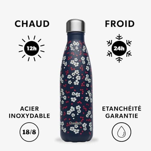 Qwetch Bouteille Isotherme Hanami Bleu 500ml - 24h Froid / 12h Chaud, Étanche / Sans BPA / Réutilisable - Gourde Inox Pa