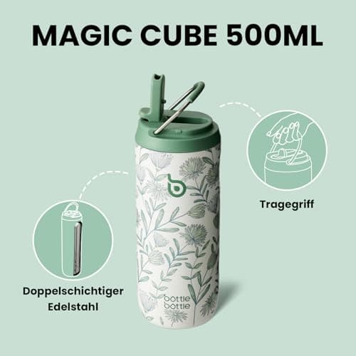 Bottlebottle Gourde en acier inoxydable avec paille 500 ml sans BPA couvercle anti-fuite Flourishing Flowers idéale pour