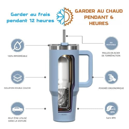 BIGRD Gourde Isotherme 1.2L (1180ml) Acier Inoxydable 304 Double Isolation Vide 100% Étanche pour Sport Randonnée Voyage