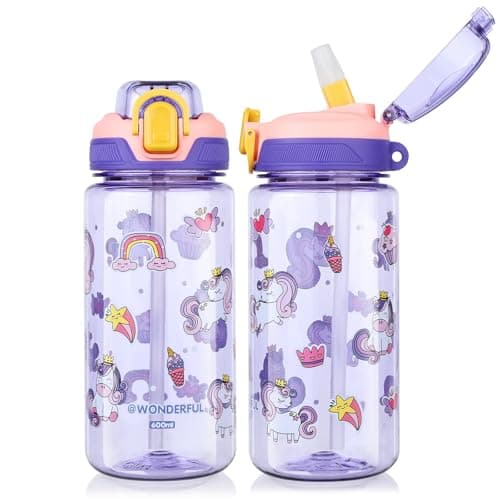 Flintronic Gourde Isotherme Enfant Sans BPA Tritan, Bouteille Anti-fuite Réutilisable 500ML pour Ecole Maternelle avec P — Violet-600ml-b